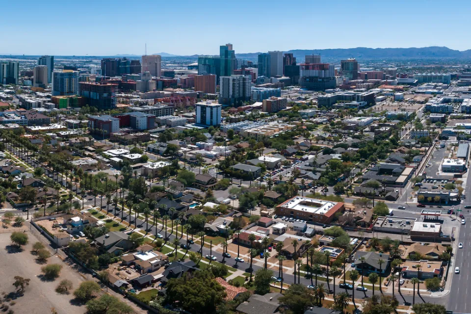 Aerial view of downtown Phoenix, Arizona on a sunny day.